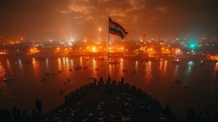 sunset over the river in city india independence day.