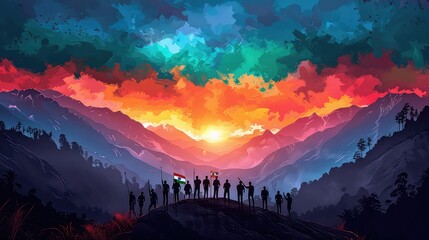 Artistic representation of a sunset over a mountain lake, with vivid colors and stylized reflections creating a captivating visual symphony. Generative AI