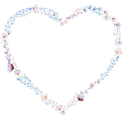Heart frame with watercolor pastel wild flowers and leaves,  hand drawn wedding illustration