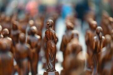 Bronzed statue among crowd in focus