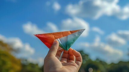 Female hand playing with orange and green paper planeson the beach on blue sea background india independence day.