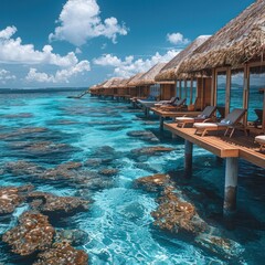 Overwater bungalows on tropical island vacation honeymoon hotspot, Maldives. Bright blue sky, lounge chairs and turquoise water, scenic relaxing holiday perfect for background graphics. Generative AI