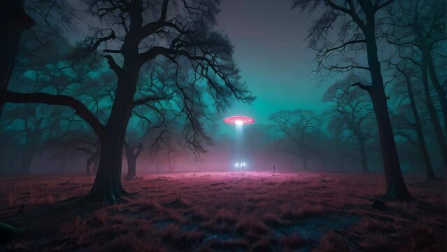 A UFO hovers over a clearing in the forest at night. AI.