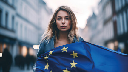 Woman holds the European Union flag in her hand. EU flag at a demonstration for EU accession