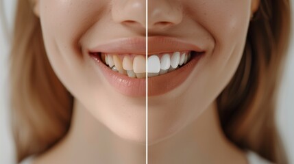 Side-by-side close-up image of a woman's smile, showing before and after teeth whitening.