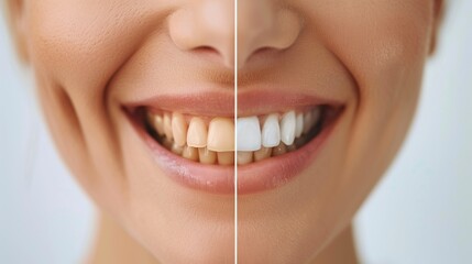 Close-up image of a woman's smile comparing before and after teeth whitening.