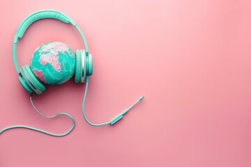 Stereo headphone and a globe on a pink background. World music day concept. Top view. Copy space - generative ai