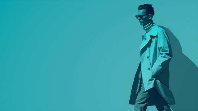 Stylish young man in a trench coat and sunglasses posing against a blue background.
