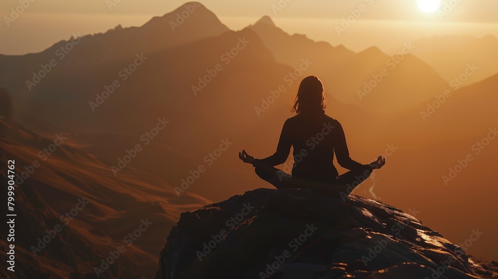 Wall mural Silhouette of a person meditating on a mountain top during a stunning sunset.