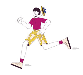 Scared asian female tourist running 2D linear cartoon character. Japanese woman in danger on safari isolated line vector person white background. Dangerous situation color flat spot illustration