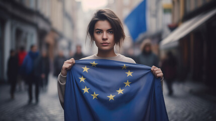 Woman holds the European Union flag in her hand. EU flag at a demonstration for EU accession