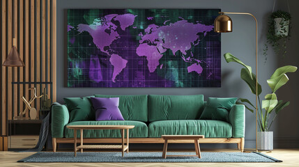 Digital world map in purple and cyan poster, tailored for a modern living room with a green sofa.
