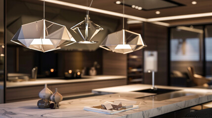 Sleek pendant lights with geometric glass shades illuminate a modern Italian kitchen's marble...
