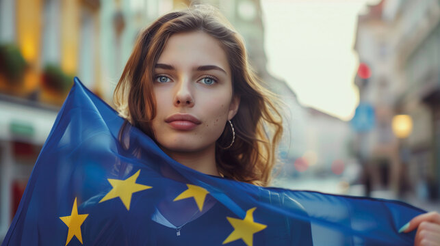 Woman holds the European Union flag in her hand. EU flag at a demonstration for EU accession