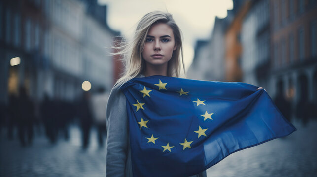 Woman holds the European Union flag in her hand. EU flag at a demonstration for EU accession
