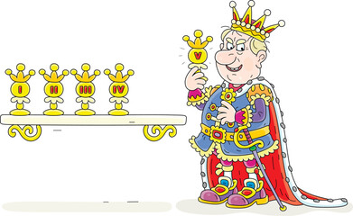 Angry king with an insidious smile putting his golden prize for his next royal reign on a shelf with a collection of previous awards for ruling a fairytale kingdom, vector cartoon illustration