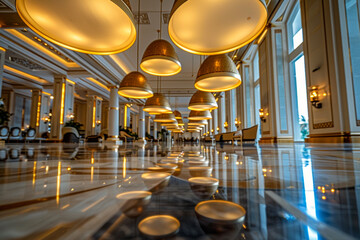 Floor perspective of Italian pendants in a hotel lobby, showcasing their ambient glow.
