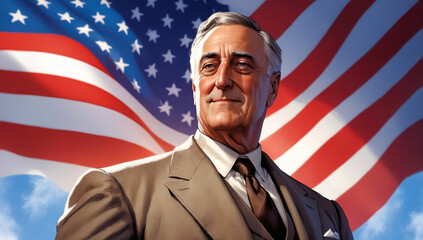 Franklin D. Roosevelt with a patriotic US flag in the background
