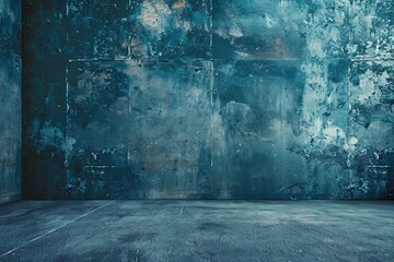 Grunge Blue Textured Wall with Empty Floor
