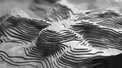 A monochrome topographic landscape of undulating contours