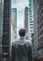 Fototapeta premium Young Businessman Looking Up at Skyscrapers in Modern Urban Cityscape