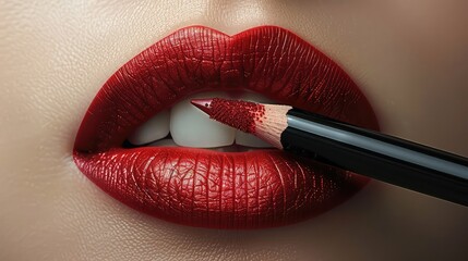 Obraz premium A woman is applying lipstick with a brush