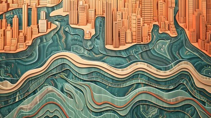 Abstract cityscape meets flowing contours in a harmonious art display