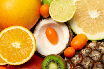 Set of fresh ripe tropical fruits, close up