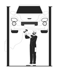 Black man mechanic repairing car on elevator black and white cartoon flat illustration. African american technician 2D lineart character isolated. Auto service monochrome scene vector outline image