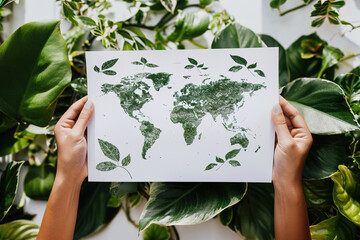 Hand holding a poster for environmental sustainability concept, recycle symbol.