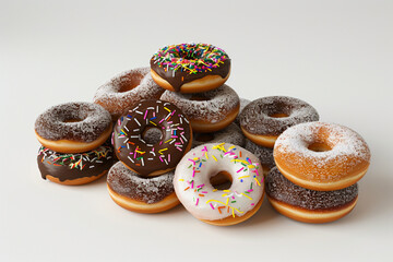 Heap of tasty donuts isolated on white background, Generative Ai