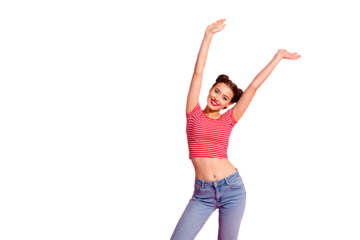 Portrait of her she nice-looking cute charming attractive lovely sweet winsome adorable cheerful girl wearing striped t-shirt raising hands up summer isolated on pink pastel background