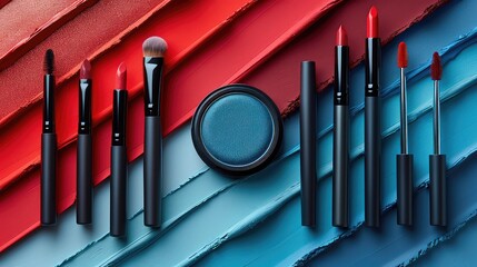 Fototapeta premium Flat Lay for Beauty Essentials Makeup Products and Cosmetics Decorative on a Colorful Background