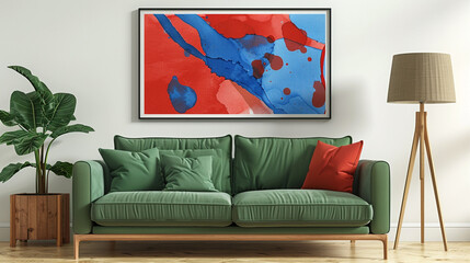 Vibrant abstract art in red and blue, perfect for a modern living room with a green sofa.