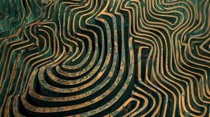 Abstract wavy pattern in green and gold textures - obrazy, fototapety, plakaty