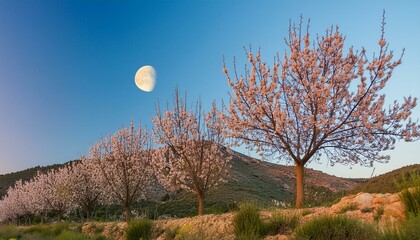 Blossoms Aglow: Almond Trees Under the Moonlight