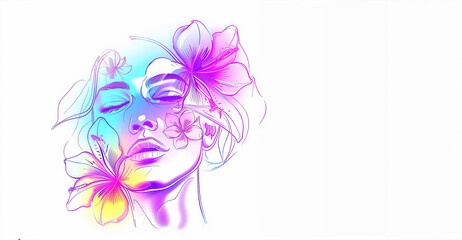 A woman with a flowery headdress is the main focus of the image. The colors of the flowers are bright and vibrant, creating a sense of energy and positivity. ace with flowers, iridescent, clean lines