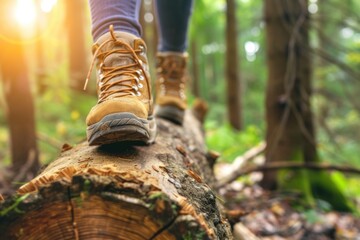 Forest Hike Adventure: Close-up of Boots Walking on a Log