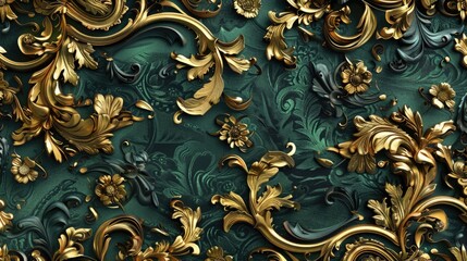 Luxurious Golden Baroque Patterns on a Teal Background