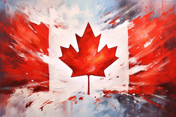 Painting of the Canadian flag with a red field on top and white field on the bottom, separated by a red square in the center. In the center of the square is a stylized red maple leaf