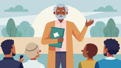 An elderly man standing in front of an audience holding a picture and sharing his personal story of liberation on Juneteenth.. Vector illustration