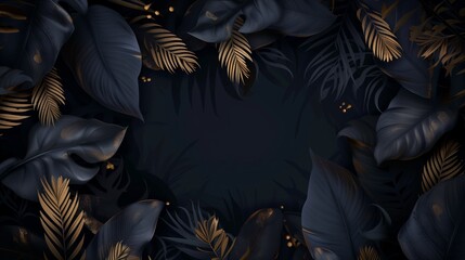 Elegant dark botanical wallpaper featuring navy blue and golden tropical leaves with a moody ambiance.