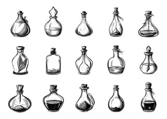 Diverse Magic Potion Bottles etching. Vessel jars and bulbs Simple Vector Illustrations in Engraving Style on White Background