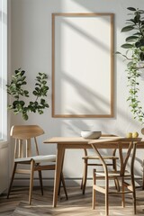 Modern Wooden Dining Table and Chair with Blank Frame on Wall