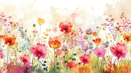 Pastel Watercolor Meadow with Blossoming Flowers