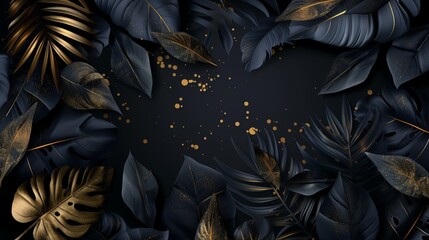 Elegant background featuring dark tropical leaves with golden splashes and details on a black backdrop.