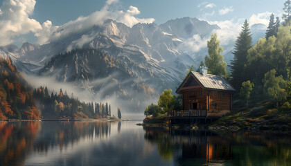 Fototapeta premium A wooden cabin by a lake in the mountains 