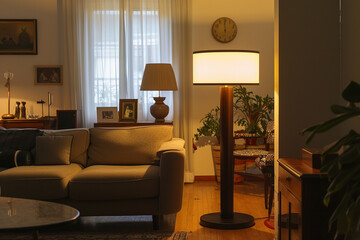 Fototapeta premium Italian floor lamp in a living room offers a stark contrast to vintage furniture, blending design eras.