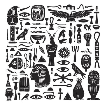 Doodle Egyptian Hieroglyphics Elements. Black doodly hieroglyph characters, Egypt signs Simple Hand-Drawn Black Icons on White Background