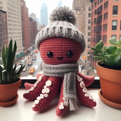 Adorable octopus in crochet with winter hat on windowsill among foliage